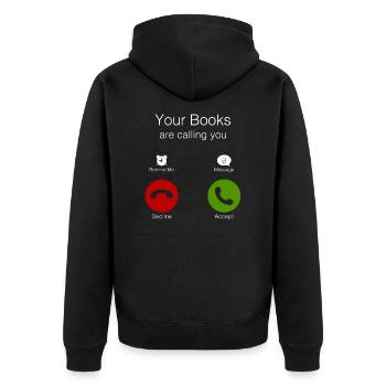 0143 Deine Bücher rufen dich an. Annehmen! - Unisex Premium Bio Zip Hoodie - Schwarz - Hinten - Nico (187cm)