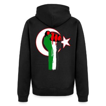 Faust von Palestina - Türkei, Flagge, Hilfe, Gaza - Unisex Premium Bio Zip Hoodie - Schwarz - Hinten - Nico (187cm)