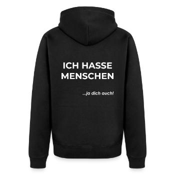 Ich hasse Menschen - Unisex Premium Bio Zip Hoodie - Schwarz - Hinten - Nico (187cm)