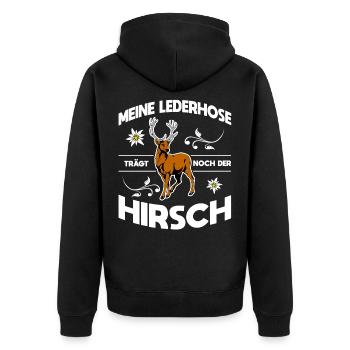Meine Lederhose Trägt Noch Der Hirsch - Unisex Premium Bio Zip Hoodie - Schwarz - Hinten - Nico (187cm)