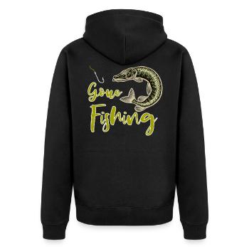 Angeln Gegangen - Angelhaken, Hecht - Unisex Premium Bio Zip Hoodie - Schwarz - Hinten - Nico (187cm)