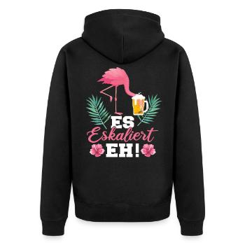 Es eskaliert eh Flamingo - Unisex Premium Bio Zip Hoodie - Schwarz - Hinten - Nico (187cm)