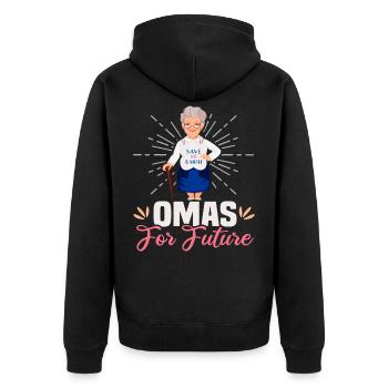 Omas for future - Unisex Premium Bio Zip Hoodie - Schwarz - Hinten - Nico (187cm)