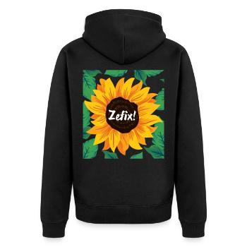 Zefix Sonnenblume - Unisex Premium Bio Zip Hoodie - Schwarz - Hinten - Nico (187cm)