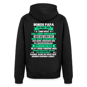 Bonus Papa Stiefpapa Stiefsohn - Unisex Premium Bio Zip Hoodie - Schwarz - Hinten - Nico (187cm)