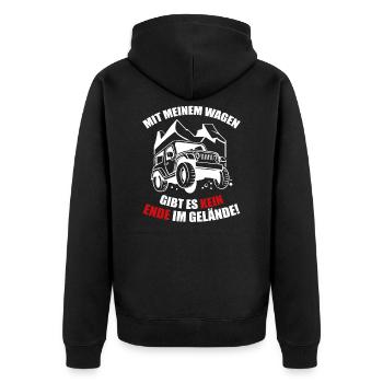 Mit meinem Wagen gibt es kein Ende im Gelände! - Unisex Premium Bio Zip Hoodie - Schwarz - Hinten - Nico (187cm)