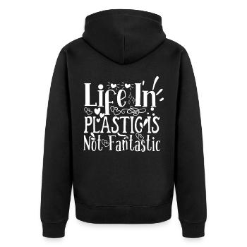 Plastik Umweltschutz - Unisex Premium Bio Zip Hoodie - Schwarz - Hinten - Nico (187cm)
