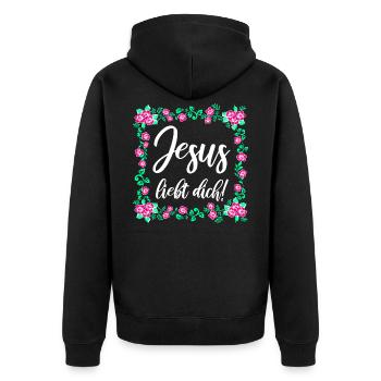 Jesus Liebt Dich - Unisex Premium Bio Zip Hoodie - Schwarz - Hinten - Nico (187cm)