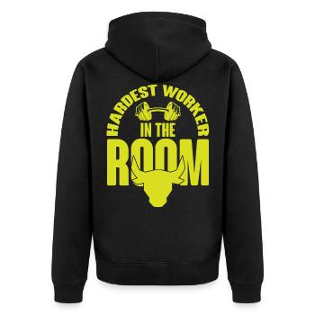 LE PLUS HAUT TRAVAILLEUR DE LA CHAMBRE Muscle Shirt Power Lift - Veste à capuche bio Premium Unisexe - noir - Dos - Nico (187cm)