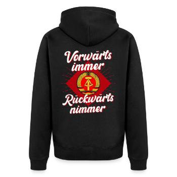 DDR Vorwärts Immer Rückwärts Nimmer - Unisex Premium Bio Zip Hoodie - Schwarz - Hinten - Nico (187cm)