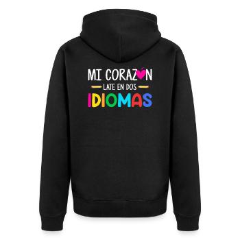 Mi corazon late en dos idiomas, zweisprachig Spanisch - Unisex Premium Bio Zip Hoodie - Schwarz - Hinten - Nico (187cm)