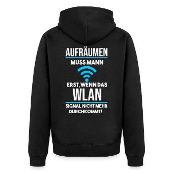 Erst aufräumen wenn das WLAN Signal schwach wird - Unisex Premium Bio Zip Hoodie - Schwarz - Hinten - Nico (187cm)
