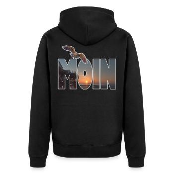 Moin (Motiv: St. Peter Ording) - Unisex Premium Bio Zip Hoodie - Schwarz - Hinten - Nico (187cm)