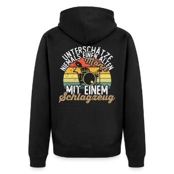 Unterschätze niemals einen alten Mann - Schlagzeug - Unisex Premium Bio Zip Hoodie - Schwarz - Hinten - Nico (187cm)