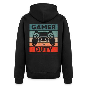 Gamer on Duty Gaming Geschenk - Unisex Premium Bio Zip Hoodie - Schwarz - Hinten - Nico (187cm)