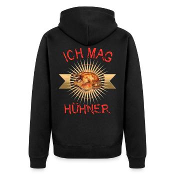 Lustiges Shirt: Ich mag Hühner als Brathähnchen - Unisex Premium Bio Zip Hoodie - Schwarz - Hinten - Nico (187cm)
