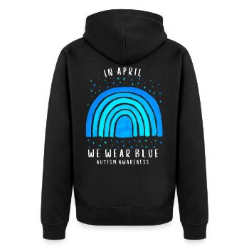 In April we wear Blue Autism Awareness - Unisex Premium Bio Zip Hoodie - Schwarz - Hinten - Nico (187cm)
