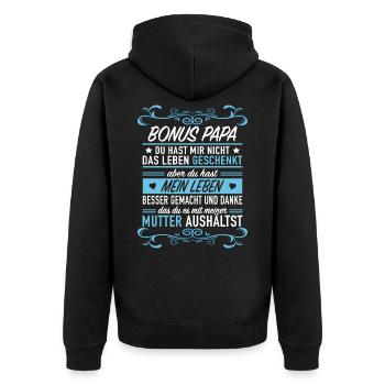 Bonus Papa Stiefpapa Stiefvater Stief Ehemann Dad - Unisex Premium Bio Zip Hoodie - Schwarz - Hinten - Nico (187cm)