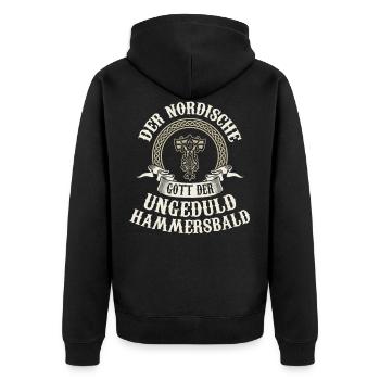 Der nordische Gott der Ungeduld Hammersbald - Unisex Premium Bio Zip Hoodie - Schwarz - Hinten - Nico (187cm)