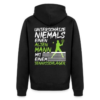 Alter Mann mit einem Tennisschläger | Tennis Shirt - Unisex Premium Bio Zip Hoodie - Schwarz - Hinten - Nico (187cm)