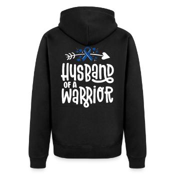 Ehemann einer Kriegerfamilie Blue Darmkrebs - Unisex Premium Bio Zip Hoodie - Schwarz - Hinten - Nico (187cm)