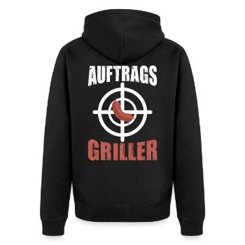Auftragsgriller Fleisch und Wurst grillen mit - Unisex Premium Bio Zip Hoodie - Schwarz - Hinten - Nico (187cm)