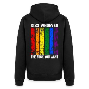 kiss whoever the fuck you want LGBTQIA+ Regenbogen - Unisex Premium Bio Zip Hoodie - Schwarz - Hinten - Nico (187cm)