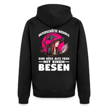 Unterschätze niemals eine böse alte Frau mit einem - Unisex Premium Bio Zip Hoodie - Schwarz - Hinten - Nico (187cm)
