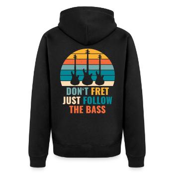Funny DON'T FRET JUST FOLLOW THE BASS PLAYER - Unisex Premium Bio Zip Hoodie - Schwarz - Hinten - Nico (187cm)
