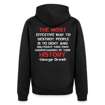 Orwell-Zitat - Geschichte & Kontrollbewusstsein, Design - Unisex Premium Bio Zip Hoodie - Schwarz - Hinten - Nico (187cm)