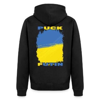 Puck Futin - Ukraine Ukrajina - Free Ukraine - Unisex Premium Bio Zip Hoodie - Schwarz - Hinten - Nico (187cm)
