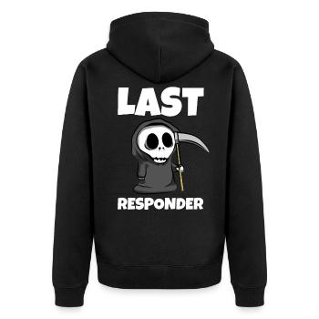 Last Responder - Lustiger Sensenmann Grim Reaper - Unisex Premium Bio Zip Hoodie - Schwarz - Hinten - Nico (187cm)