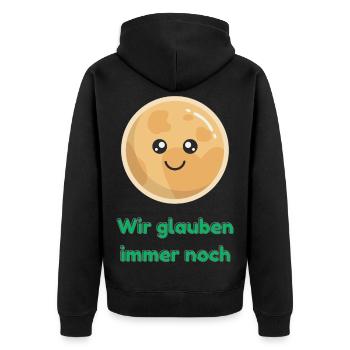 Wir glauben immer noch mit Pluto - Unisex Premium Bio Zip Hoodie - Schwarz - Hinten - Nico (187cm)