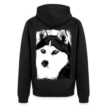 Schwarz-Weiß Husky Porträt auf Textil - Unisex Premium Bio Zip Hoodie - Schwarz - Hinten - Nico (187cm)