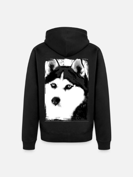 Black and white Husky portrait on textile - Unisex Premium Organic Zip Hoodie - black