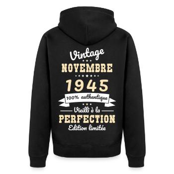 80 Years Anniversary - Vintage - November 1945 - Unisex Premium Organic Zip Hoodie - black - Back - Nico (187cm)