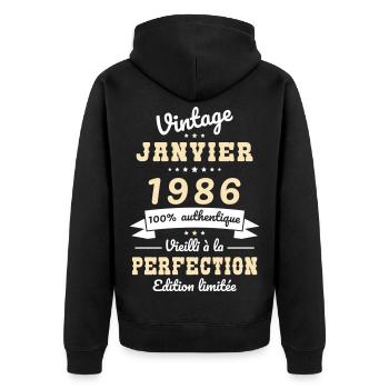 40-jähriges Jubiläum – Jahrgang – Januar 1986 - Unisex Premium Bio Zip Hoodie - Schwarz - Hinten - Nico (187cm)