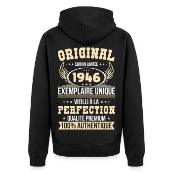 1946 – Exemplaire unique – Qualité premium - Veste à capuche bio Premium Unisexe - noir - Dos - Nico (187cm)