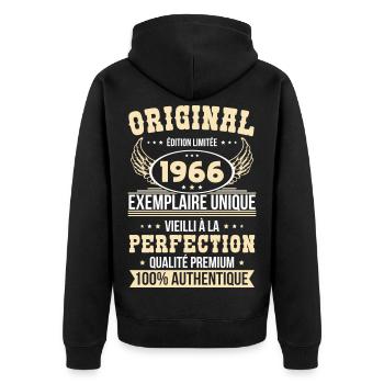 1966 – Einzigartiges Beispiel – Premiumqualität - Unisex Premium Bio Zip Hoodie - Schwarz - Hinten - Nico (187cm)