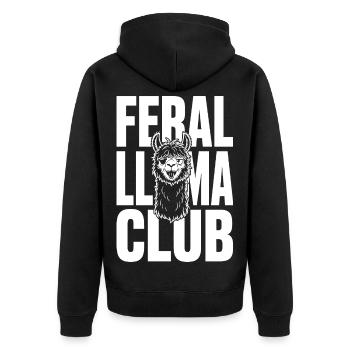 Feral Llama Club wildes Lama - Unisex Premium Bio Zip Hoodie - Schwarz - Hinten - Nico (187cm)