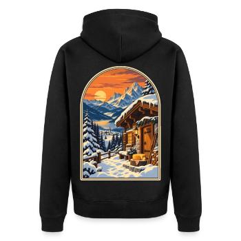 Alpenchalet bei Sonnenuntergang Reiseplakat - Unisex Premium Bio Zip Hoodie - Schwarz - Hinten - Nico (187cm)