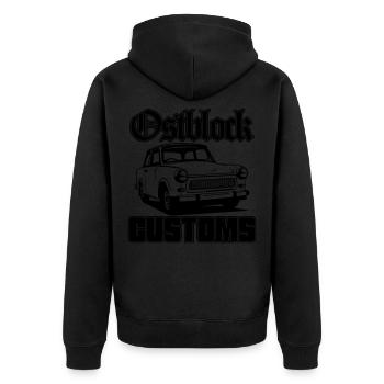 Farbe änderbar | Trabi Trabbi Ostblock Customs - Unisex Premium Bio Zip Hoodie - Schwarz - Hinten - Nico (187cm)