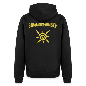 Sommermensch mit Spiral Sonne gelb - Unisex Premium Bio Zip Hoodie - Schwarz - Hinten - Nico (187cm)