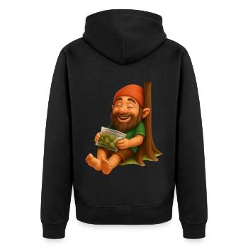 Zwerg an Baumstamm lehnend mit Weedbeutel - Unisex Premium Bio Zip Hoodie - Schwarz - Hinten - Nico (187cm)