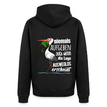 Frosch und Storch - Niemals Aufgeben - Spruch - Unisex Premium Bio Zip Hoodie - Schwarz - Hinten - Nico (187cm)