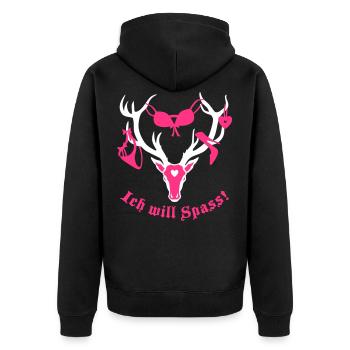 Hirsch mit Beute - ich will Spass! 2c - Unisex Premium Bio Zip Hoodie - Schwarz - Hinten - Nico (187cm)