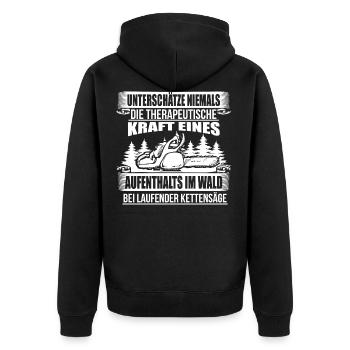 HOLZ SÄGE KETTENSÄGE GESCHENK WALD FÖRSTER BERUF - Unisex Premium Bio Zip Hoodie - Schwarz - Hinten - Nico (187cm)