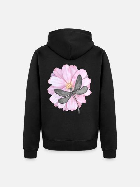 Dragonfly with tender pink flower - Unisex Premium Organic Zip Hoodie - black