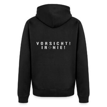 VORSICHT IRONIE (w) - Unisex Premium Bio Zip Hoodie - Schwarz - Hinten - Nico (187cm)