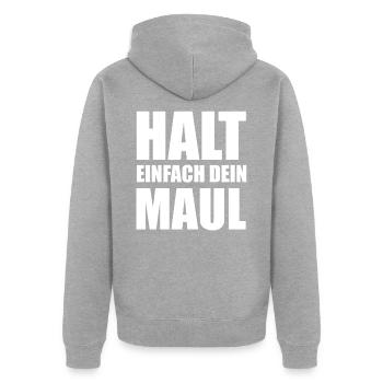 Halt einfach dein Maul - Unisex Premium Bio Zip Hoodie - Grau meliert - Hinten - Nico (187cm)